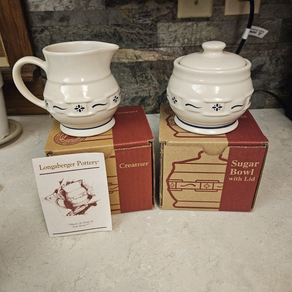 Longaberger Pottery Creamer and Sugar Bowl Set Woven Traditions Heritage Blue